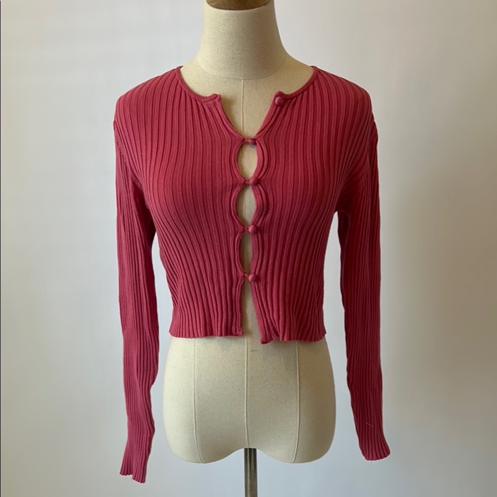 Pink Ribbed Button-Up Cardigan
